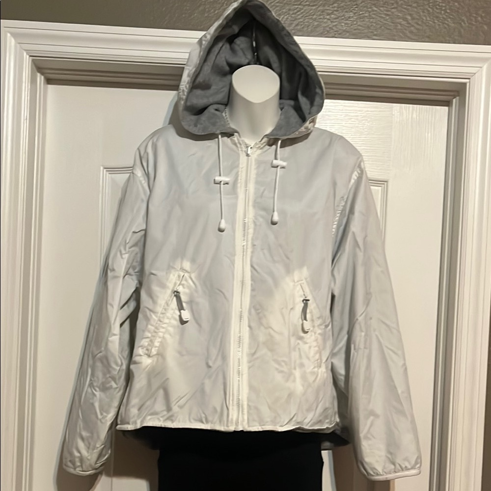 Women's White Rain Jacket Hooded , reversable , size L